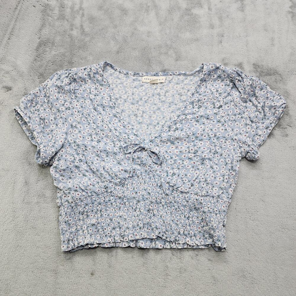 Aeropostale Top Womens M Blue White Floral V-Neck Smocked Crop Blouse Peasant
